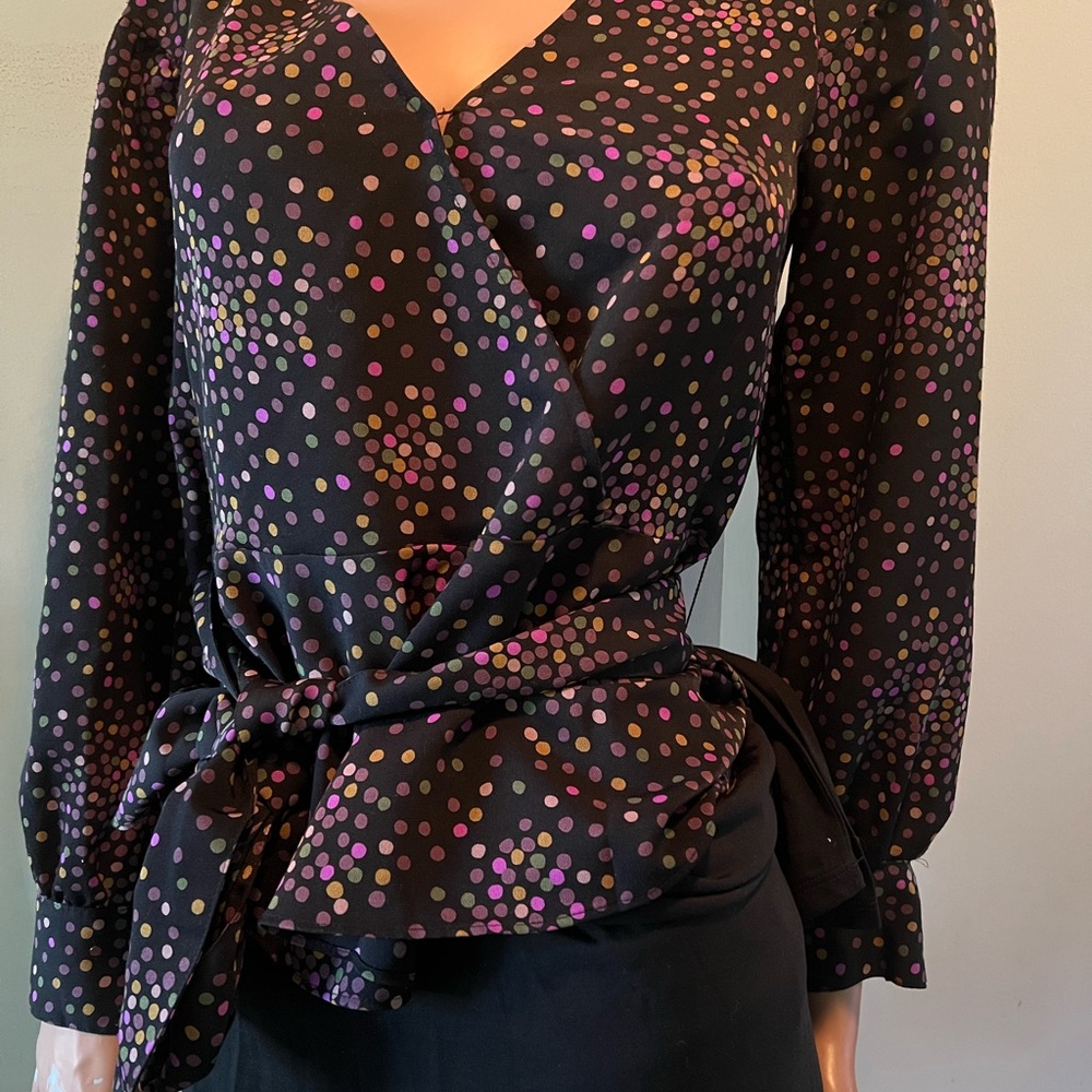 Kate Spade XXS disco dot faux wrap top black with multicolored dots polyester